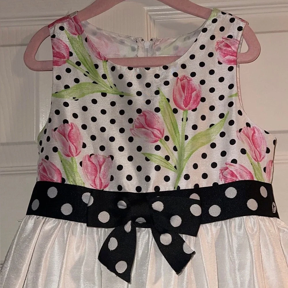 Rare Editions White Tank Dress with a Polka Dot and Tulip Pattern